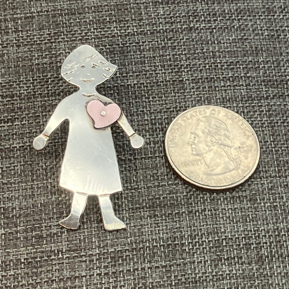 JO Girl Heart Pin Brooch As Is Tack Lapel Tie Sterling Silver Matte Pink Signed